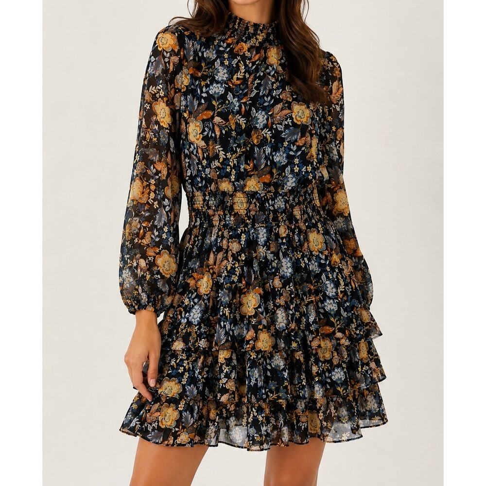MSK Women’s Size Small Long Sleeve Smocked Waist Tiered Ruffle Mini Dress